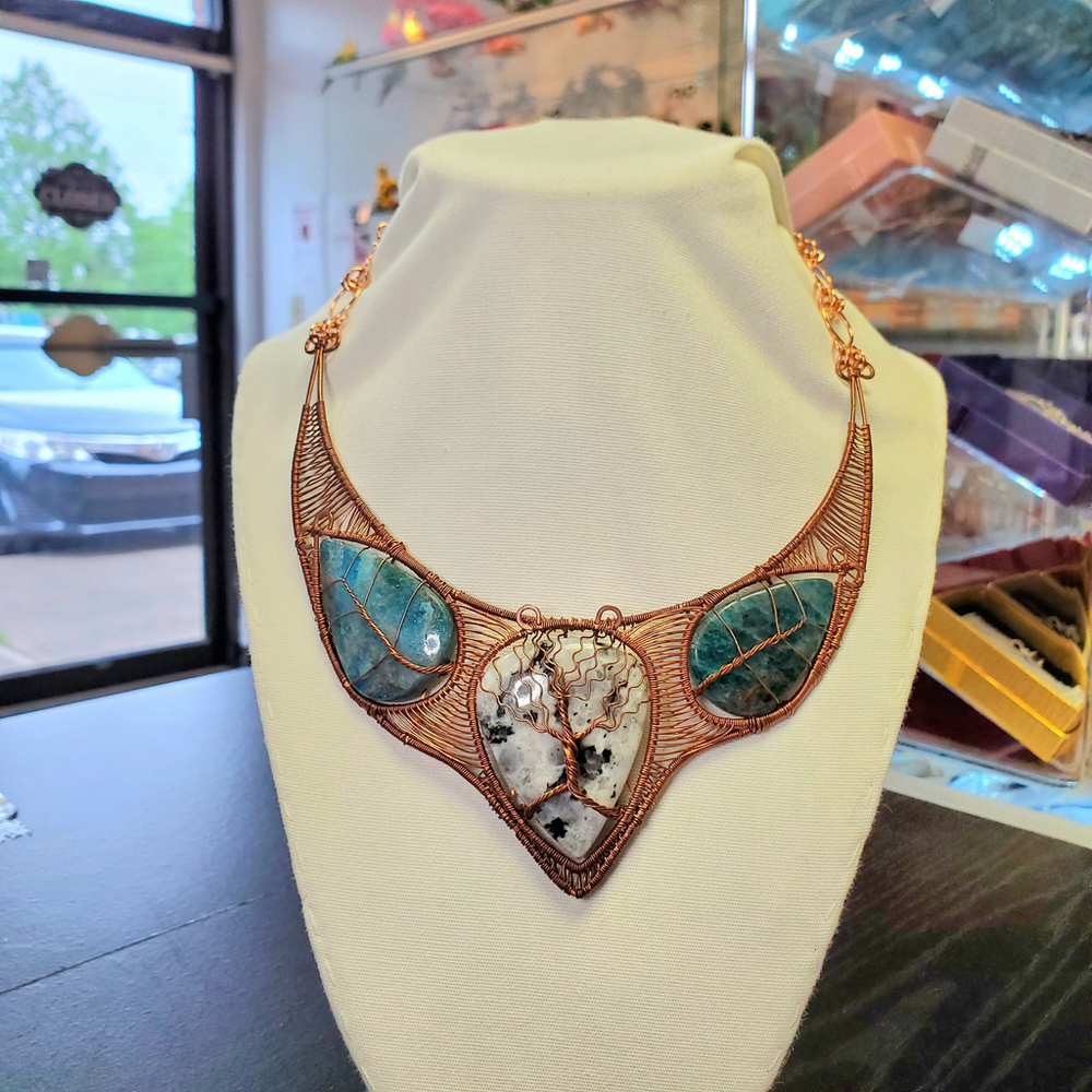 Natural Rainbow Moonstone bib necklace heady copper wire wrap choker Apatite le - Picture 5 of 10